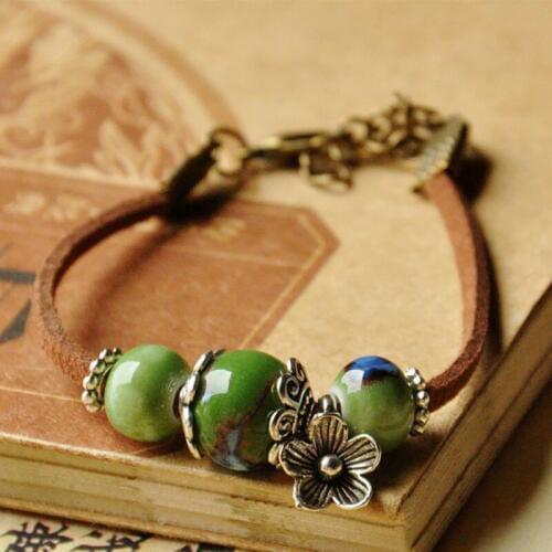 10 piece/lot Women Men Leather Bracelets Ceramic Beads Silver Flower Charm Cuff Bangles Link Chain Wristband Adjustable Jewelry