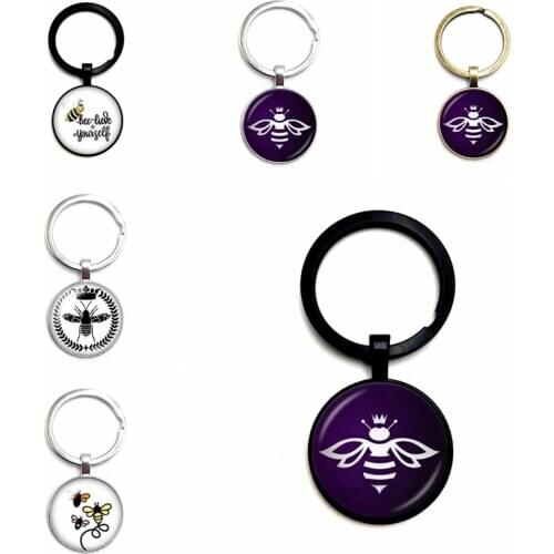 2020 New 3 Color Keychain Glass Cabochon Children "happy Bee" Pendant Key Ring Gift Jewelry Wholesale