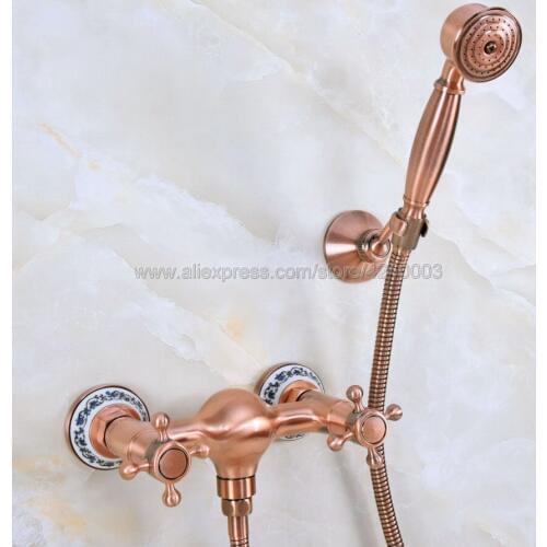 Antique Red Copper Wall Mounted Bathroom Shower Faucet Set Mixer w/ Hand Sprayer Dual Handle Hot and Cold Water Mixer Kna294
