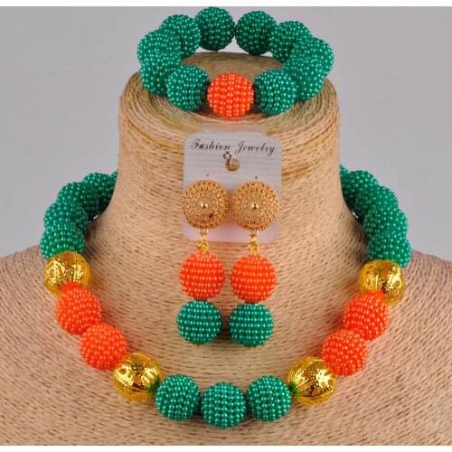 Army green and orange african necklace jewelry set nigerian wedding beads FZZ09-09