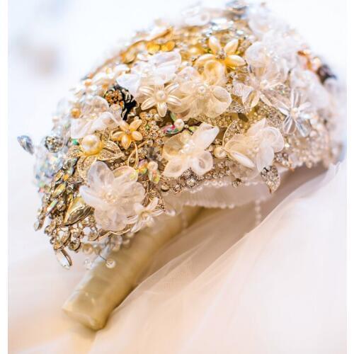 Bride Drop Brooch bouquet custom made Wedding Ivory & white Golden Jewelry Bride 's bridal bouquets Teardrop Organza flowers