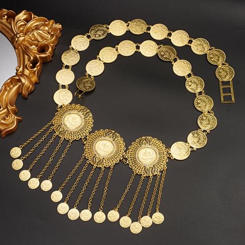 Turkish Totem Coin Waist Chains In Gold Plating Arabic Gold Body Chains Coin Tassels Middle East Bridal Jewelry Belts