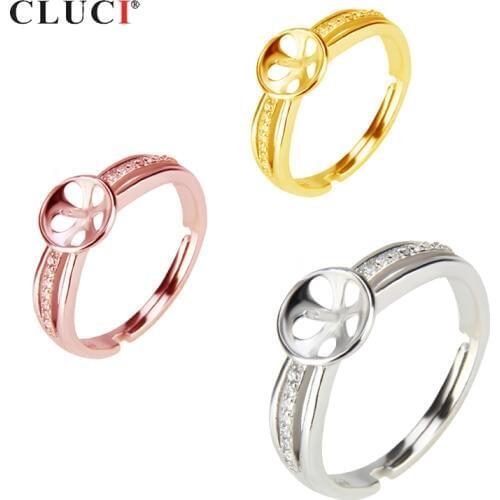 CLUCI 925 Sterling Silver Simple Classic Women Wedding Ring Adjustable Zircon Pearl Ring Mounting SR2073SB