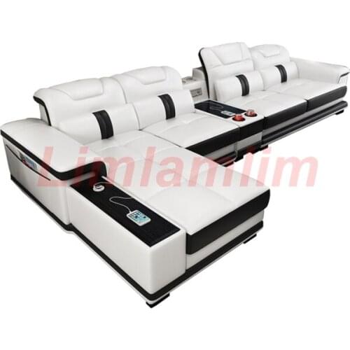 Linlamlim living room Sofa set L shape corner genuine leather couch Nordic speaker radio Iphone charge USB Bluetooth cup holder