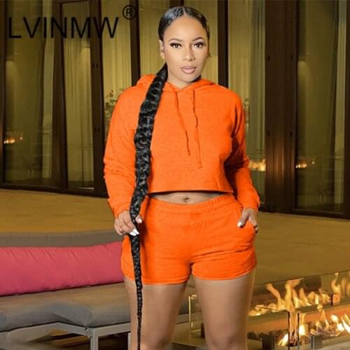 LVINMW Shorts Suits Solid Casual Slim Sports Two Piece Set Women Hooded Drawstring Long Sleeve Top Elastic Waist Pockets Bottom