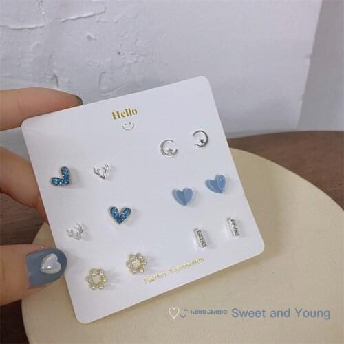 S925 Blue Love Earrings Set Temperament Girl INS Summer Small Fresh Ceramic Earrings Classic Simple Fashion Earrings Female Tide