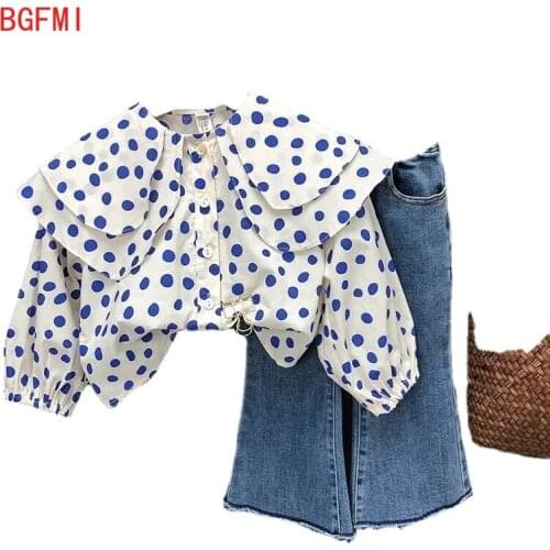 New Fashion Girls Clothing Sets Cotton Children Tops Denim Pants 2 Pcs Set Kids Round Neck Polka Dot Suits Baby Casual Outfit
