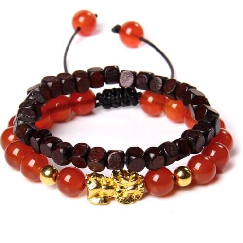 New Red Agates Braided Bracelet Wooden Beads 2PCS/SET PIXIU Charm Bracelets For Women Men Feng Shui Bouddha Lucky Pray Pulsera