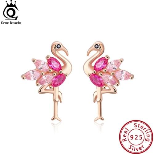 ORSA JEWELS Genuine 925 Sterling Silver Flamingo Shape Stud Earrings Combine With Rose & Pink AAAA Zircon Earrings Jewelry SE164