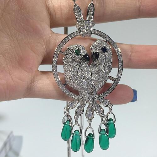 Two Parrots Bird Necklace Big Cubic Zirconia Animal Party Jewelry Luxury brand green stone Exaggerated pendant cz necklace