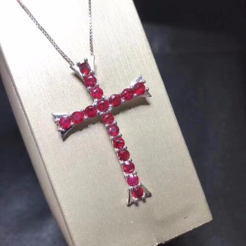 Almei Natural Tested Ruby Necklace for Women, 925 Sterling Silver Cross Jewelry, 3*6mm*13 Pcs Velvet Box Certificate FN185