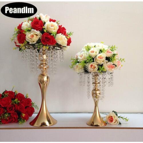 PEANDIM Romantic Flower Holder With Crystal Beads Gold Flower Rack Centerpieces Wedding Decor Tabletop Vase For Home Party Decor