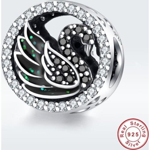 Fit Europe Bracelet Original 925 Sterling Silver Black Zircon Swan Beads S925 CZ Elegant Goose Bird Charms for Jewelry Making