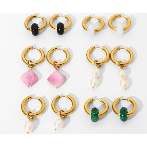 18k Gold PVD Plated Stainless Steel Hoop Earrings White Opal Malachite Stone Red agate CARNELIAN CRYSTAL Charm Huggie Earrings