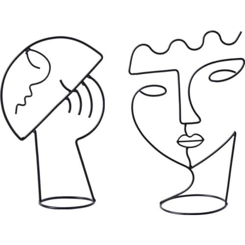 Nordic Abstract Character Sculpture Figure Face Iron Art Ornaments Statue Black Lines Handmade Figurines Decorative Home Decor