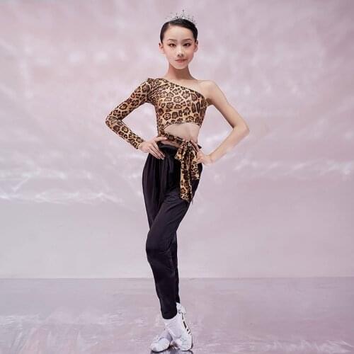 Latin Dance Training Clothes For Girls Leopartd Tops Black Latin Trousers Outfits Kid Cha Cha Smba Rumba Dancing Costume VDB3410