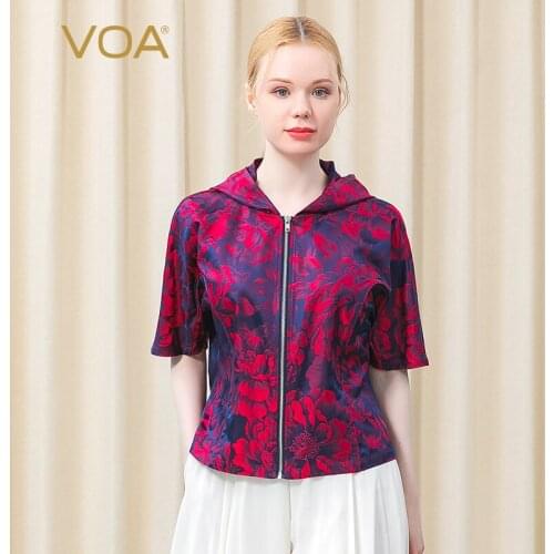 VOA Silk Yarn-dyed Jacquard Hooded Zip Placket Five-point Sleeve Rich Red Peony Loose Temperament Elegant Coat WE88