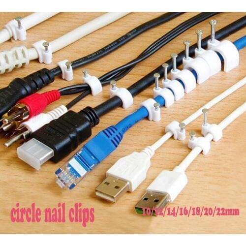 Freeshipping white color Circle nail Cable clamp Clips 12 14 16 18 20 25 mm For Wire Plastic C Shape black With Fixing Nails