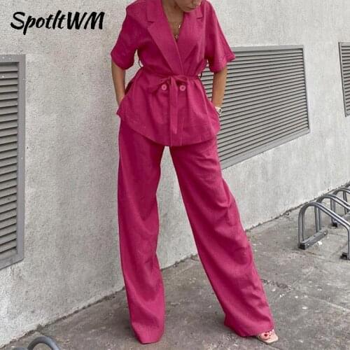 SpotLtWM Autumn Pant Sets Women Cotton Long Sleeve Loose Shirt Elastic Waist Wide Leg Trouser 2021 Female Elegant 2 Piece Sets