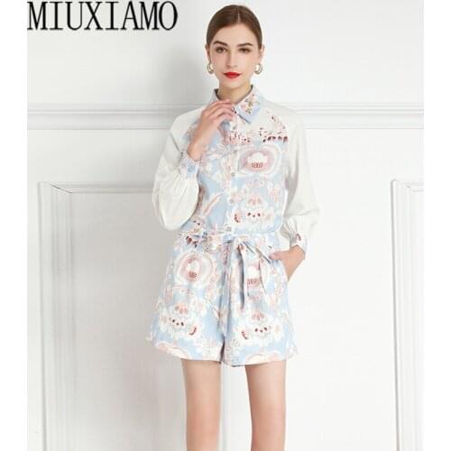 MIUXIMAO 2021 Spring Summer Turn-down Collar Sexy Flower Print Long Sleeve Lace Top Mini Skirt Suit Women 2 Peice Sets with Belt