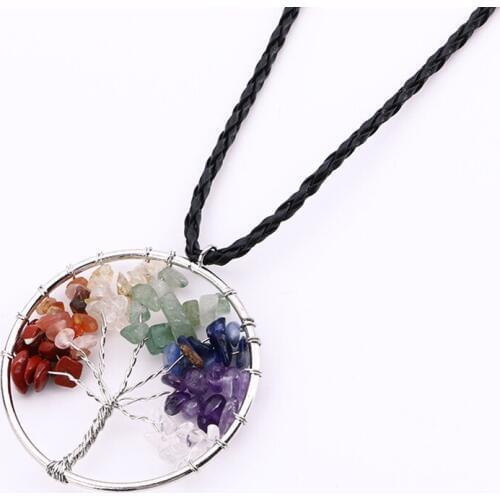 10 piece/lot Women Men Silver Color Life Tree Pink Quartz Chips Pendant Necklace Multicolor Wisdom Tree Natural Stone Necklace