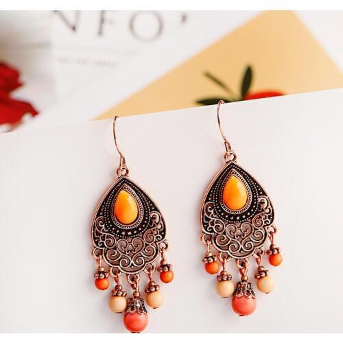 Bohemian Orange Beaded Tassel Drop Earrings Ethnic Carved Alloy For Women Vintage Stone Boho Ladies Earrings