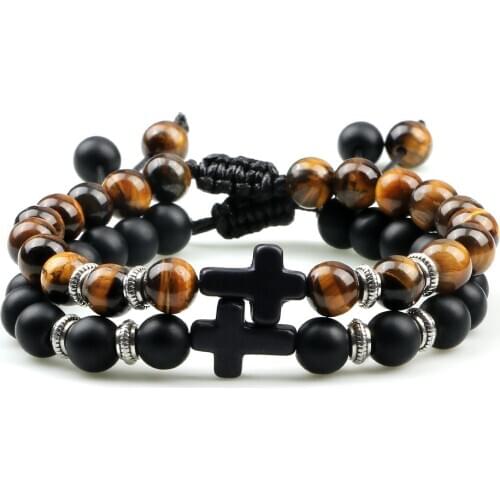 2pcs Natural Tiger Eye Beaded Cross Bracelets Black Onyx Lava Stone Prayer Meditation Bracelet for Couple Distance Charm Jewelry