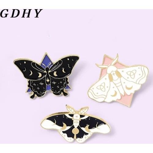 GDHY Moth Butterfly Enamel Pins Brooch black white Moon Phase Brooch Bag Clothes Lapel Pin Gothic Badge Jewelry Gift for Kids
