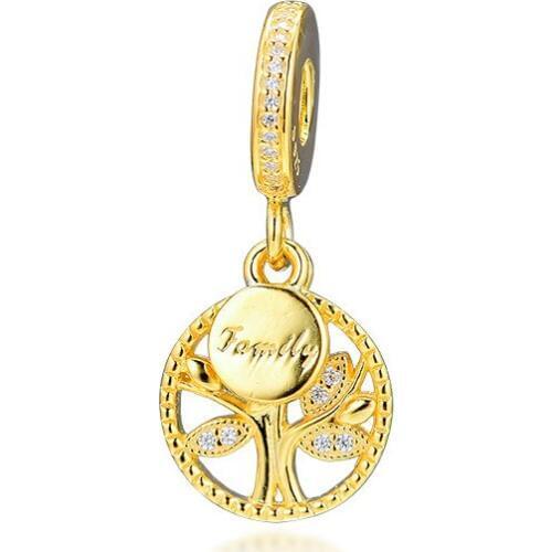 Silver 925 Jewelry Family Tree Golden Shine Charms Beads for Jewelry Making Floating Pendants DIY Charm Beads for Bracelets