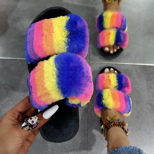 Spring Autumn Fluffy Fur Slippers Woman Plush Fur Slip On, Flat Furry Fur Slides Outdoor 2021 Wholesale Hot, Non-Slip Slide