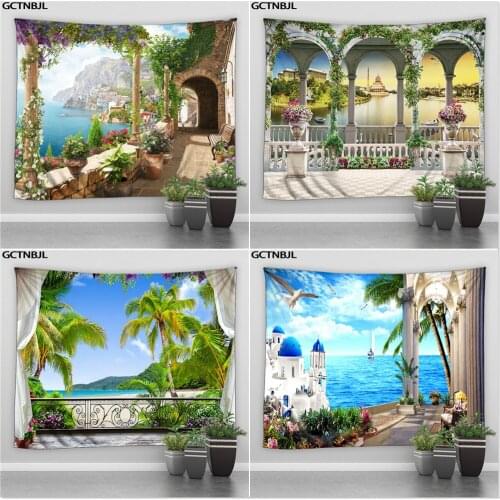 Landscape Tapestry Beautiful Sea Ocean Sunlight Beach Green Plants Trees Hippie Wall Hanging Tapestries Bohemian Bedroom Blanket