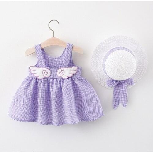 2Piece Summer Outfit Newborn Baby Girl Clothes Korean Cute Plaid Sleeveless Cotton Princess Dress+Sunhat Toddler Dresses