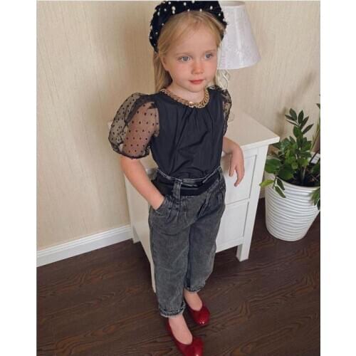 PUDCOCO Fashion Baby Girls 2Pcs Outfits Solid Puff Sleeve T-shirt Tops+Denim Long Pants Summer Casual Clothes Set 1-6Y