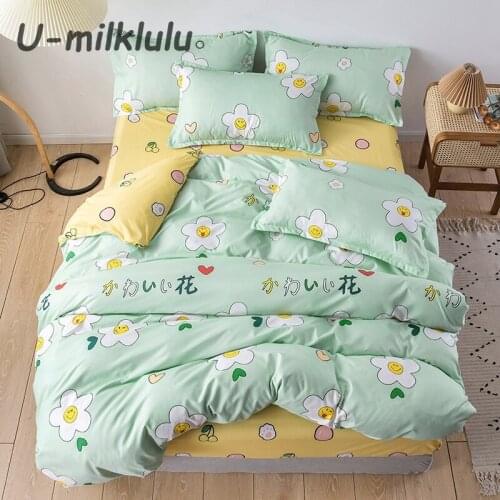 Flower Printed Bedding Set Nordic Sheet Set Green Duvet Cover Single Double Queen King Size Elastic Bed Set Pillowcases 4pcs