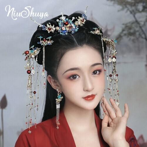 NiuShuya Chinese Vintage Handfu Blue Tassel Hairpin Hair Sticks Clip Crown Accessories Headwear Costume COSPLAY Headdress