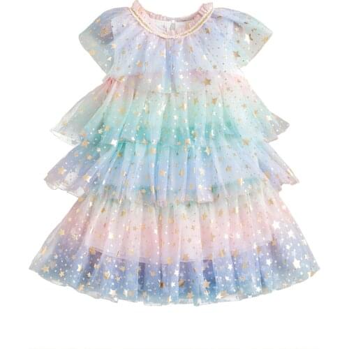 New Princess Girls Tulle Rainbow Dress Kids Princess Wedding Party Pageant Clothes Children Sundress with Sequined 3-7Y