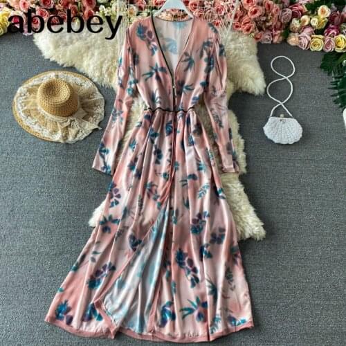 Women Fashion Print Maxi Dress French Lace V Neck Puff Sleeve Button Lace Up Dresses Spring Boho Holiday Long Dress