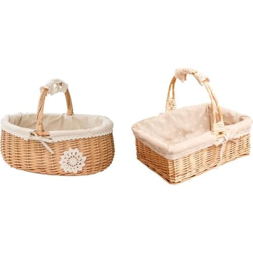 Picnic Wicker Basket Fruit Rattan Storage Box Hand-woven Snacks Tea Basket Willow And Cloth Wooden Storage Basket With Lid