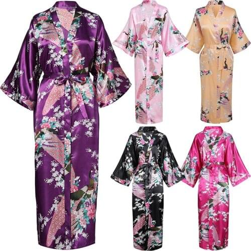 Plus Size 4-6XL Women Long Robe Print Flower Peacock robe Kimono Bathrobe Gown Bride Bridesmaid Wedding Robes