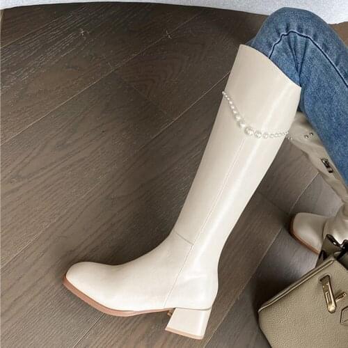 Metal chains equestrian genuine leather square toe 5.5cm high heels winter shoes fashion elegant knee-high boots LDI22 MUYISEXI