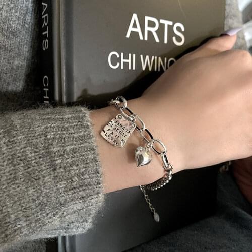 925 Sterling Silver Geometric Thai Silver Bracelet for Women Heart Ball Square Tag Bracelet Jewelry Gifts