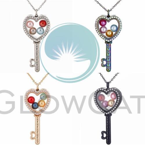 Heart Key Glass Locket Necklace Rhinestone Beads Pearl Cage Living Memory Floating Photo Locket Pendant Necklace