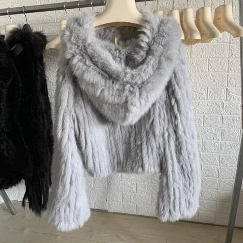 Vogue New New Autumn Winter Jacket Women Real Fur Coat Loose Manual Weave 100% Natural Rabbit Fur Coat Hooded Flare Sleeves