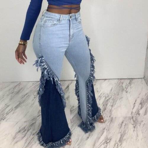Flared Jeans Womens 2021 New Autumn And Winter Fashion Mid-Waist Fringed Denim Trousers Stitching Slim Casual Ladies Trousers