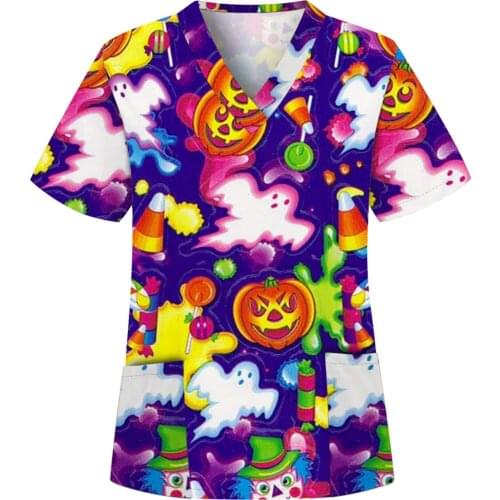 Halloween Cute Cartoon Nurse Uniform Tops Women Short Sleeve V-neck Pumpkin Ghost Printed Working Nursing Blouse Clothes A40