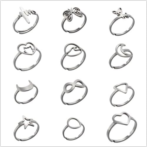 Bohemian Geometric Stainless Steel Ring for Women Girls Fashion Heartbeat Round Star Moon Open Rings Minimalist Jewelry Gift