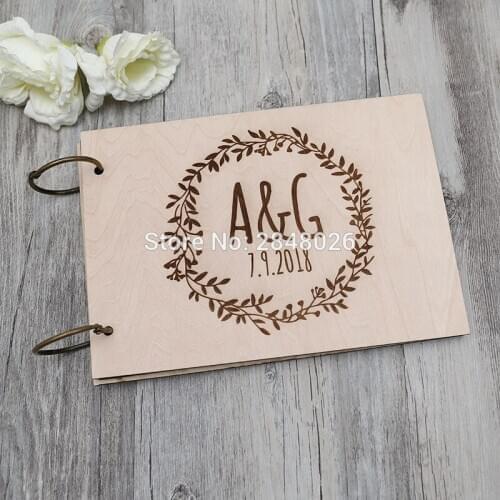 Rustic engraved initialswedding guestbook,Custom Mr & Mrs wooden Wedding guest book, personalized wreath photo album