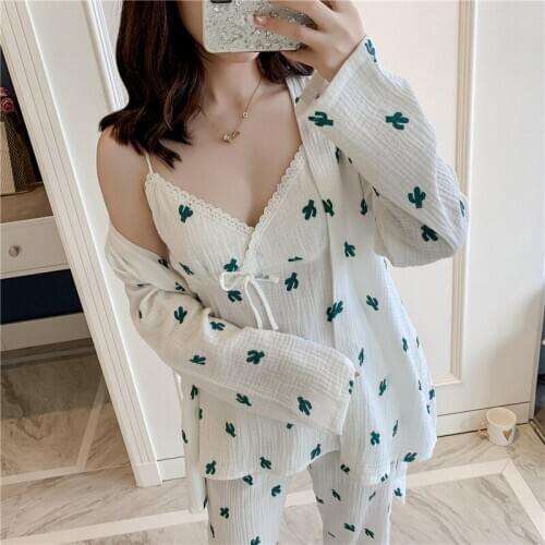 Cotton Pajamas Women ins Small Autumn Winter Womens Home Furnishing Three-Piece Japanese Nightgown Long Sleeve