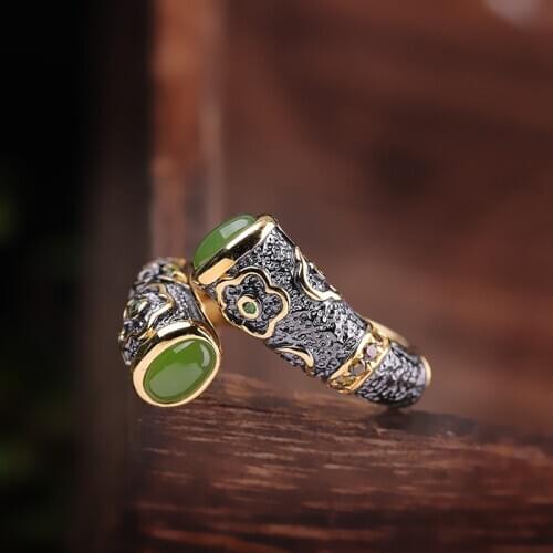 Luxury Female Natural Jade Ring Classic Real 100% 925 Sterling Silver Wedding Rings For Women Vintage Adjustable Engagement Ring