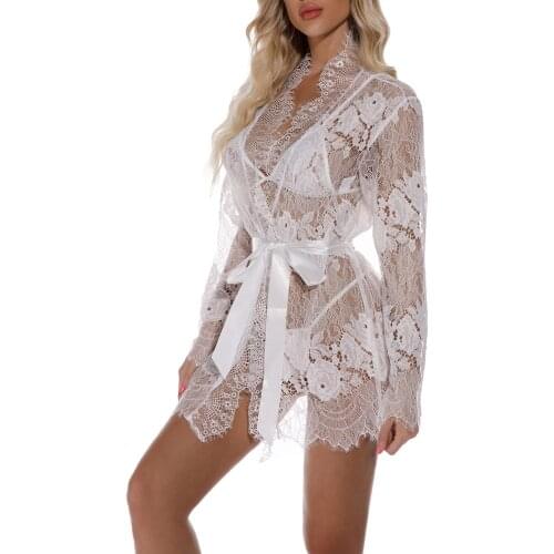 2021 Female Sexy White Lace Gown Set Long Sleeve Floral Lace Kimono Robe+Bra+G-String Women 3 Pcs Lace Set